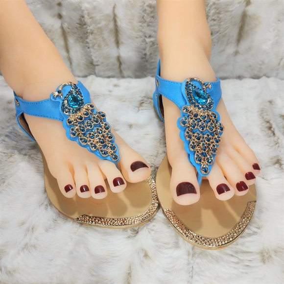 Teal Rhinestone Peacock Toe Strap Sandals - Picture 9 of 10